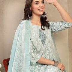 Women Sea Green Polyester Kurta Trouser & Dupatta Set