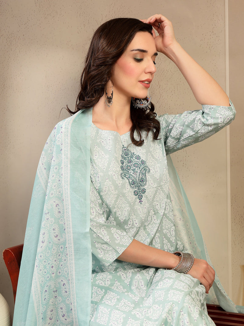 Women Sea Green Polyester Kurta Trouser & Dupatta Set