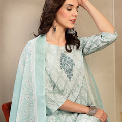 Women Sea Green Polyester Kurta Trouser & Dupatta Set