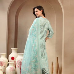 Women’s Sea Green Polyester Kurta Trouser & Dupatta Set