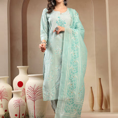 Women’s Sea Green Polyester Kurta Trouser & Dupatta Set