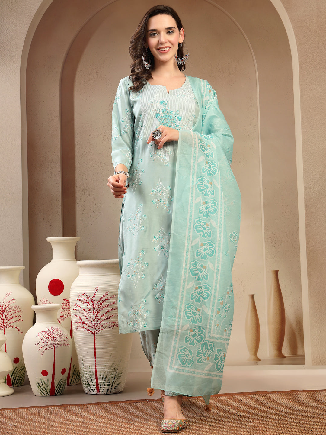 Women’s Sea Green Polyester Kurta Trouser & Dupatta Set