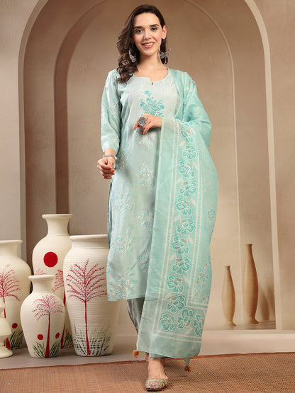 Women’s Sea Green Polyester Kurta Trouser & Dupatta Set