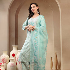 Women’s Sea Green Polyester Kurta Trouser & Dupatta Set