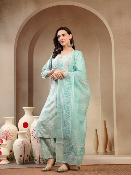 Women’s Sea Green Polyester Kurta Trouser & Dupatta Set