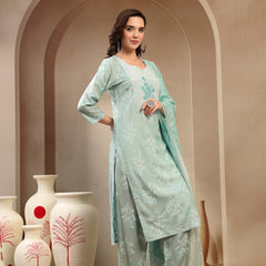 Women’s Sea Green Polyester Kurta Trouser & Dupatta Set