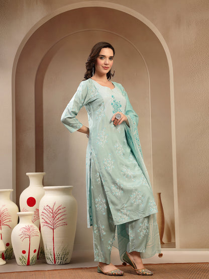 Women’s Sea Green Polyester Kurta Trouser & Dupatta Set