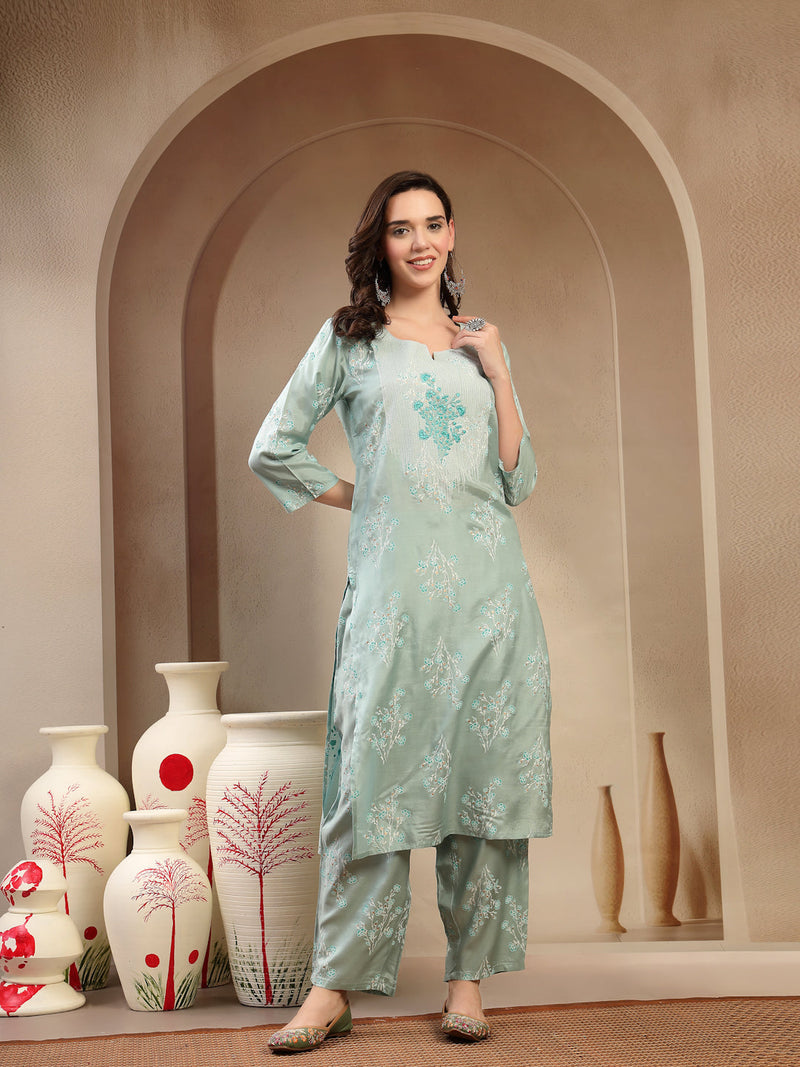 Women’s Sea Green Polyester Kurta Trouser & Dupatta Set