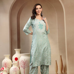 Women’s Sea Green Polyester Kurta Trouser & Dupatta Set