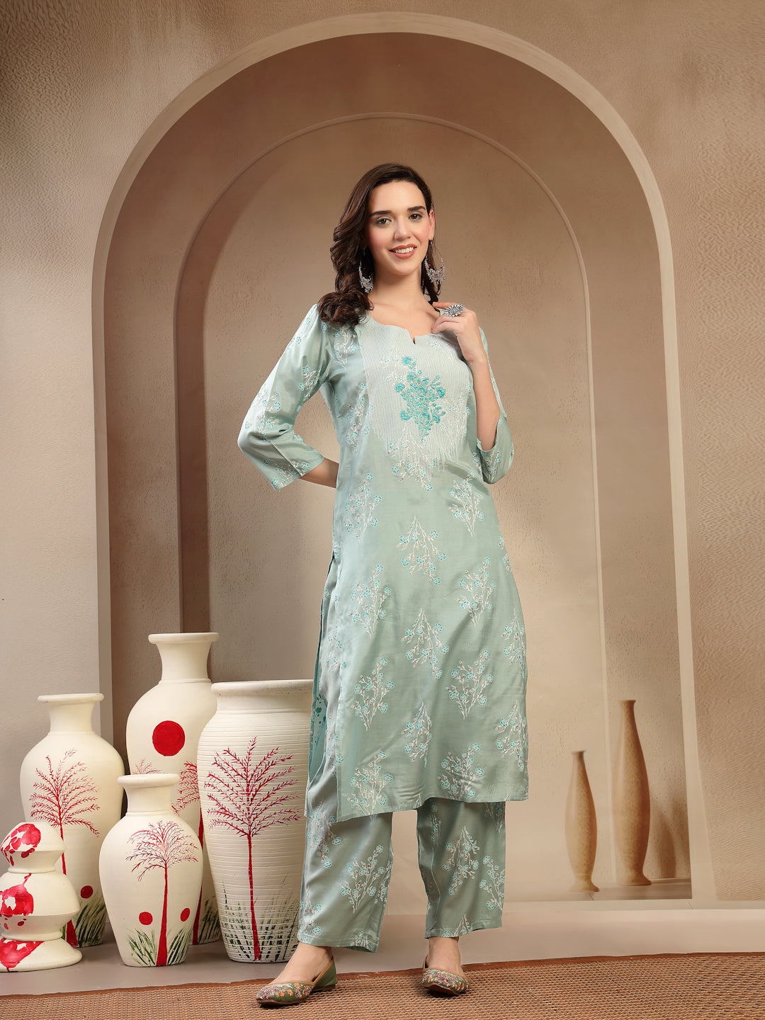 Women’s Sea Green Polyester Kurta Trouser & Dupatta Set