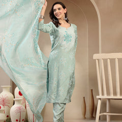 Women’s Sea Green Polyester Kurta Trouser & Dupatta Set