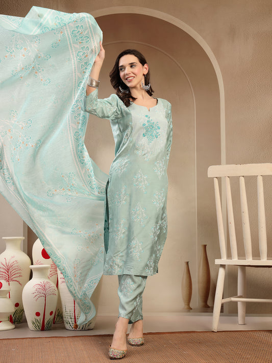Women’s Sea Green Polyester Kurta Trouser & Dupatta Set