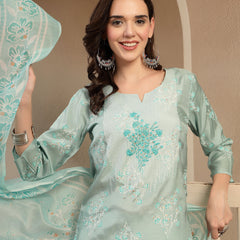 Women’s Sea Green Polyester Kurta Trouser & Dupatta Set