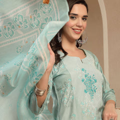 Women’s Sea Green Polyester Kurta Trouser & Dupatta Set