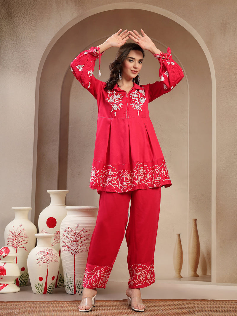 Women Pink Rayon Kurta Palazzo Co-ord Set