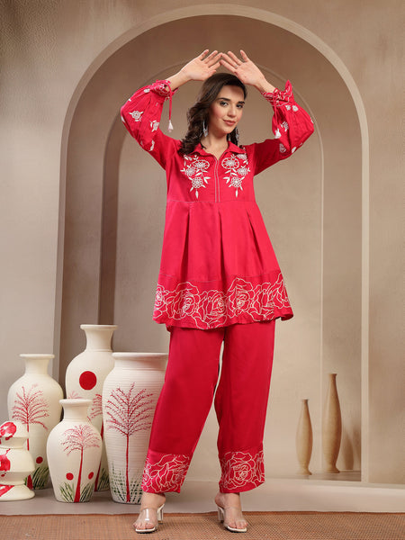 Women Pink Rayon Kurta Palazzo Co-ord Set