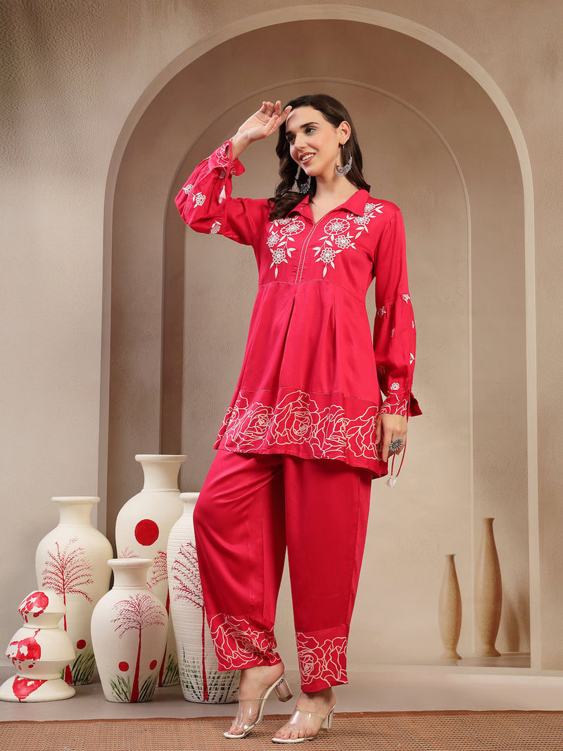 Women Pink Rayon Kurta Palazzo Co-ord Set