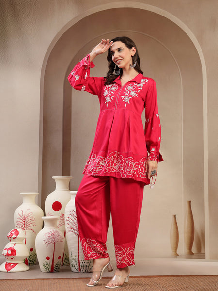 Women Pink Rayon Kurta Palazzo Co-ord Set
