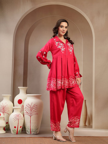 Women Pink Rayon Kurta Palazzo Co-ord Set
