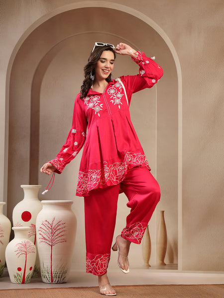 Women Pink Rayon Kurta Palazzo Co-ord Set