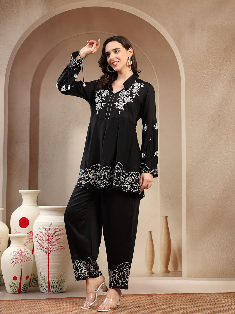 Women’s Black Printed Rayon Kurta Palazzo Co-ord Set