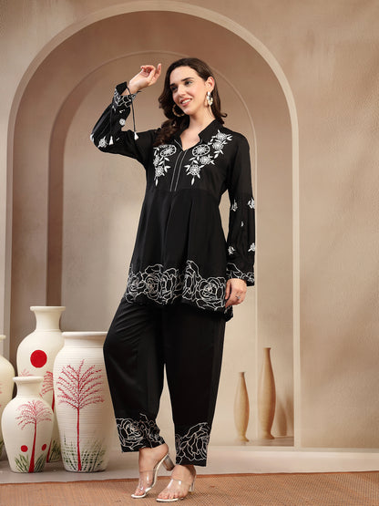 Women’s Black Printed Rayon Kurta Palazzo Co-ord Set