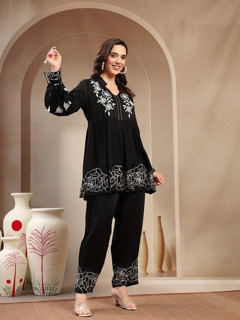 Women’s Black Printed Rayon Kurta Palazzo Co-ord Set