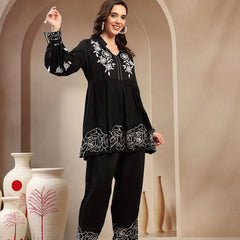 Women’s Black Printed Rayon Kurta Palazzo Co-ord Set