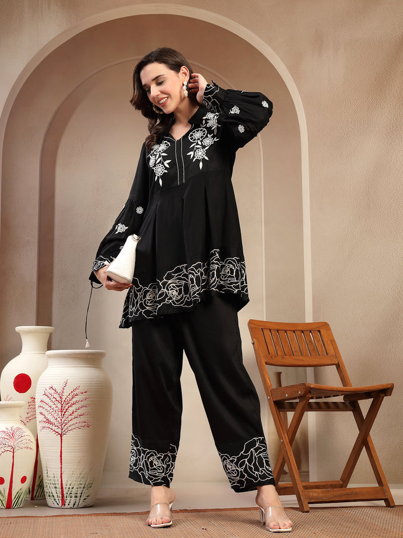 Women’s Black Printed Rayon Kurta Palazzo Co-ord Set