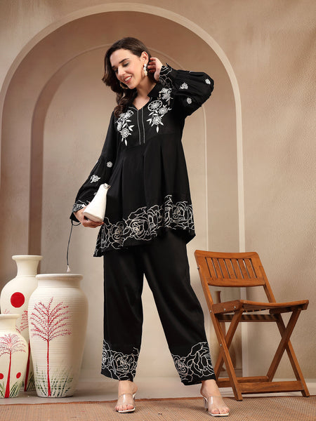 Women’s Black Printed Rayon Kurta Palazzo Co-ord Set