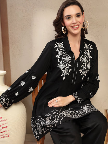 Women’s Black Printed Rayon Kurta Palazzo Co-ord Set