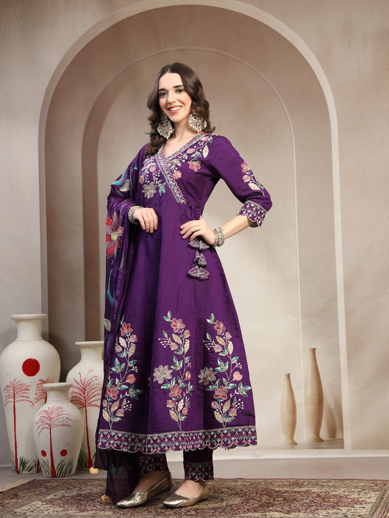 Women Purple Embroidered Anarkali Kurta & Trousers with Dupatta Set