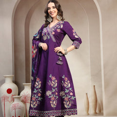 Women Purple Embroidered Anarkali Kurta & Trousers with Dupatta Set