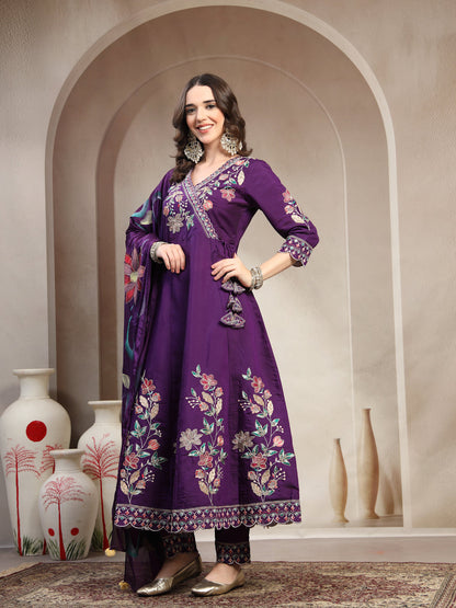 Women Purple Embroidered Anarkali Kurta & Trousers with Dupatta Set