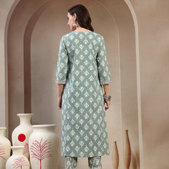 Women’s Green Jaipuri Floral Embroidered Cotton Kurta Set