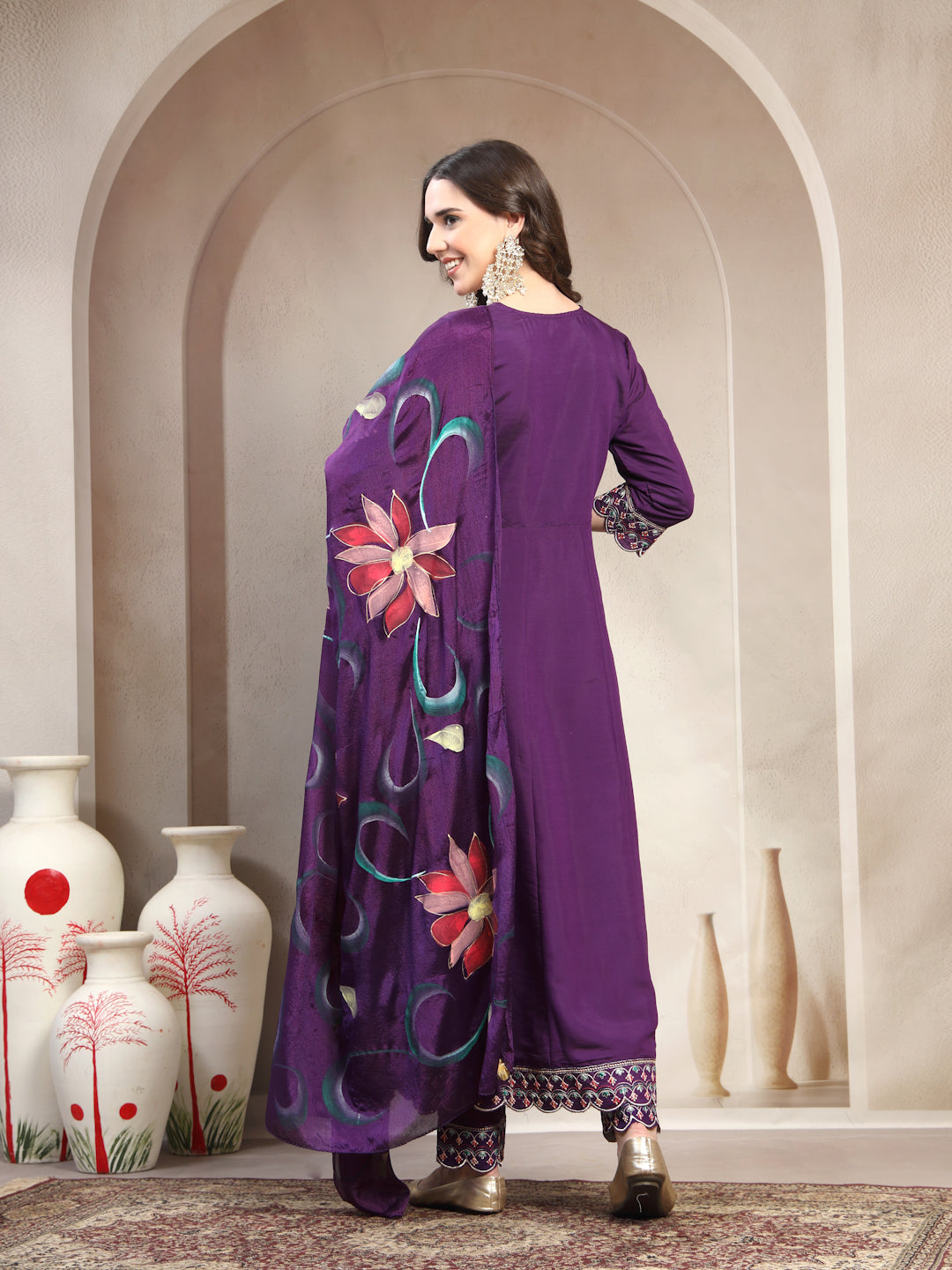 Women Purple Embroidered Anarkali Kurta & Trousers with Dupatta Set