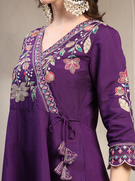 Women Purple Embroidered Anarkali Kurta & Trousers with Dupatta Set