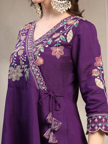 Women Purple Embroidered Anarkali Kurta & Trousers with Dupatta Set