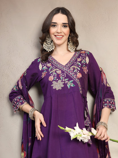 Women Purple Embroidered Anarkali Kurta & Trousers with Dupatta Set