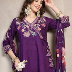 Women Purple Embroidered Anarkali Kurta & Trousers with Dupatta Set