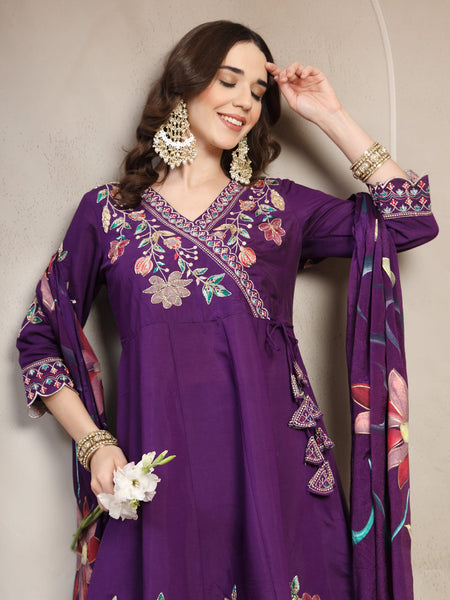 Women Purple Embroidered Anarkali Kurta & Trousers with Dupatta Set