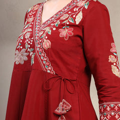 Women Maroon Embroidered Kurta & Trousers With Dupatta