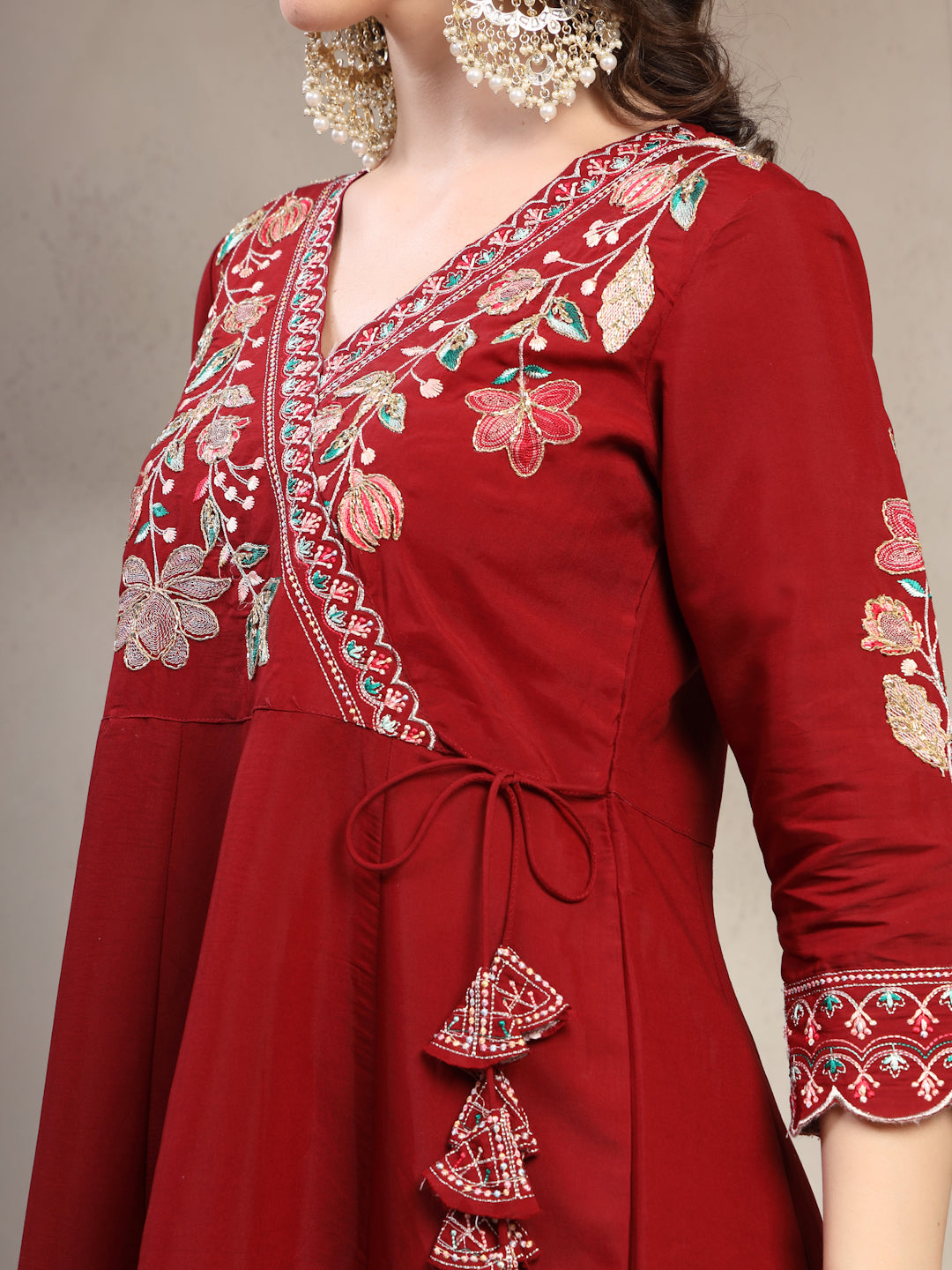 Women Maroon Embroidered Kurta & Trousers With Dupatta