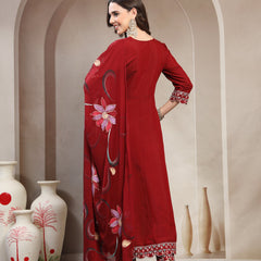 Women Maroon Embroidered Kurta & Trousers With Dupatta