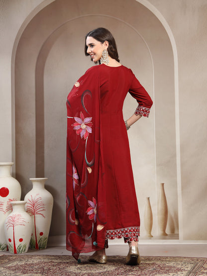 Women Maroon Embroidered Kurta & Trousers With Dupatta