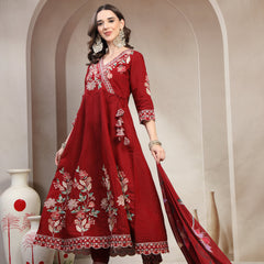 Women Maroon Embroidered Kurta & Trousers With Dupatta
