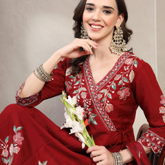 Women Maroon Embroidered Kurta & Trousers With Dupatta