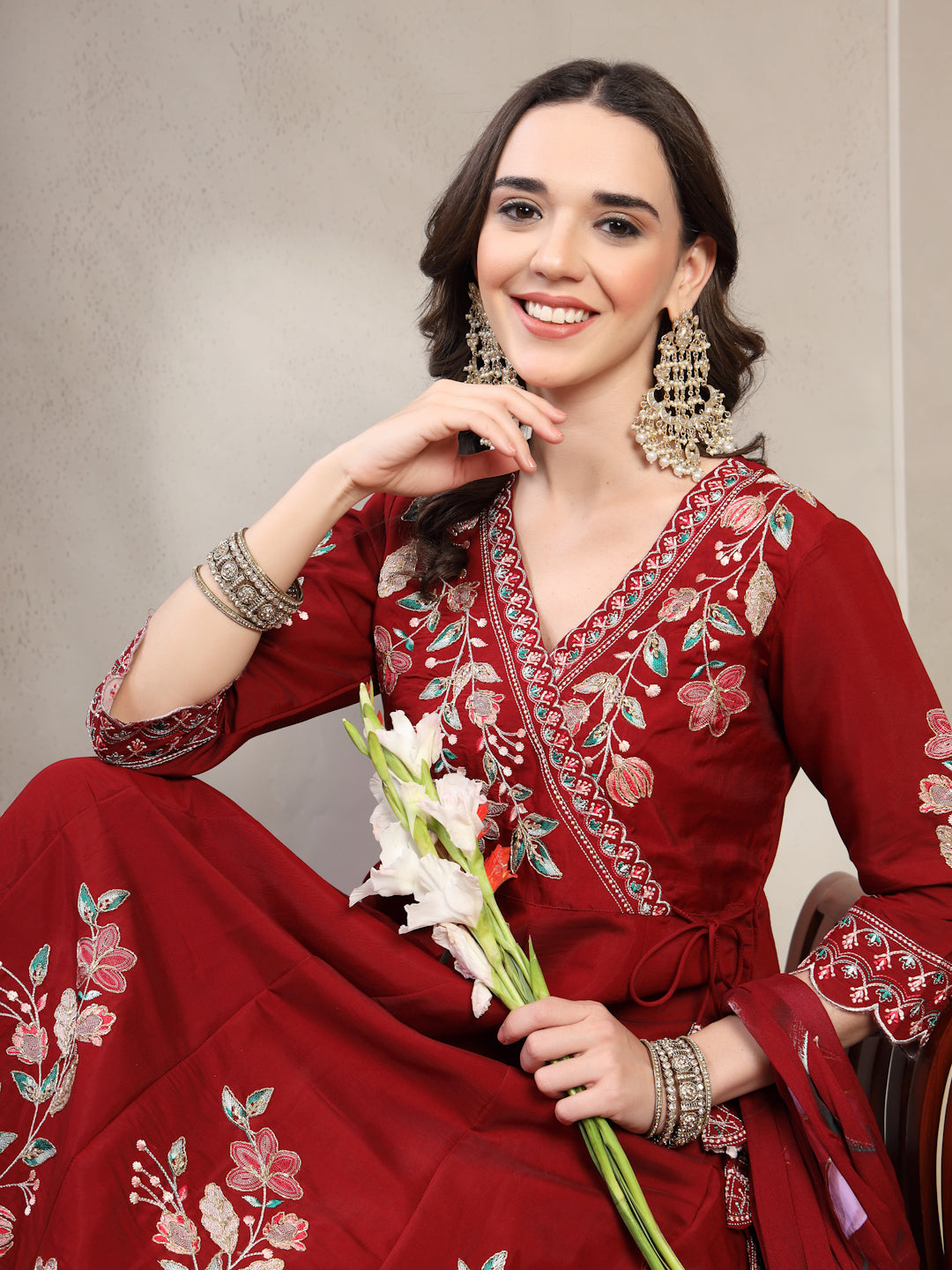 Women Maroon Embroidered Kurta & Trousers With Dupatta