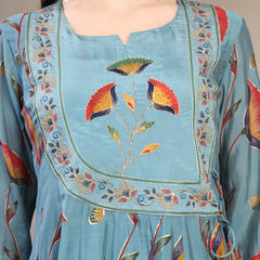 Women Olive Embroidered with printed Round Neck Kurta & Trousers with Dupatta Set