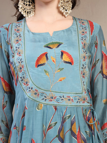 Women Olive Embroidered with printed Round Neck Kurta & Trousers with Dupatta Set